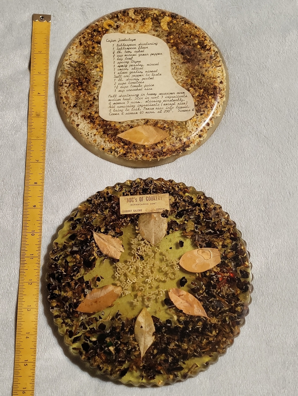 Vintage Soup In Resin Trivets Set of 2 lucite Jambalaya Recipes mcm vomit Kitsch